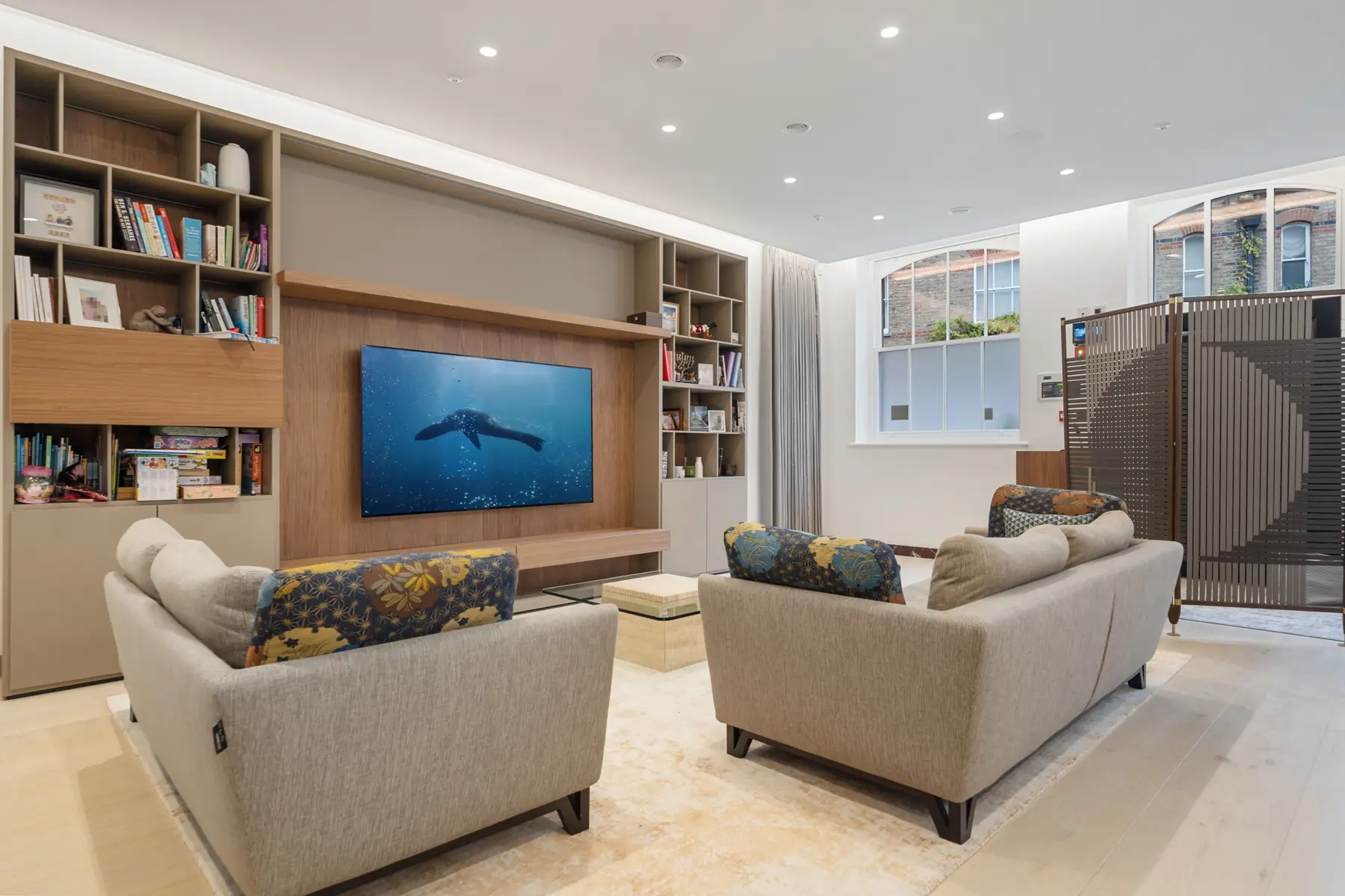 Living area looking towards the front windows