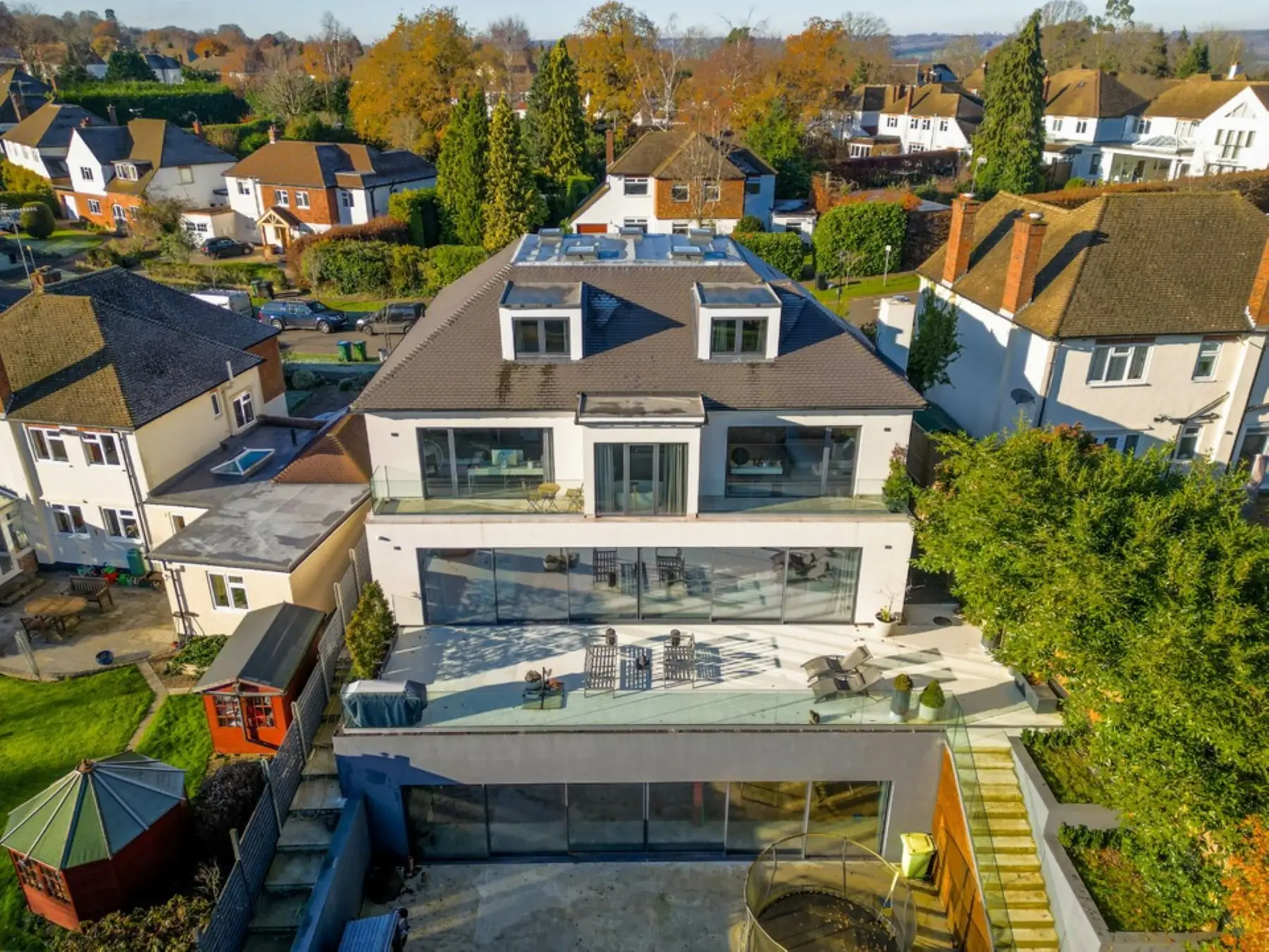Aerial view of the finished new house from the rear