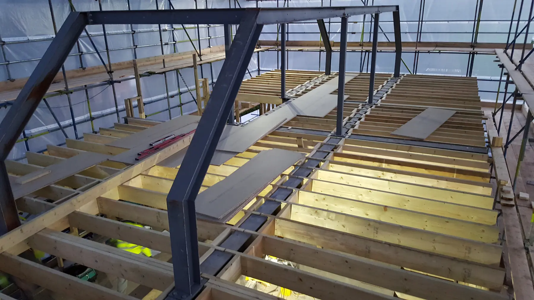 Steel and timber roof structure going up