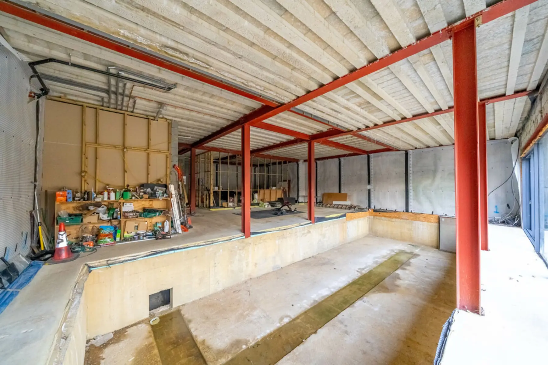 Structural steel frame on the lower ground floor