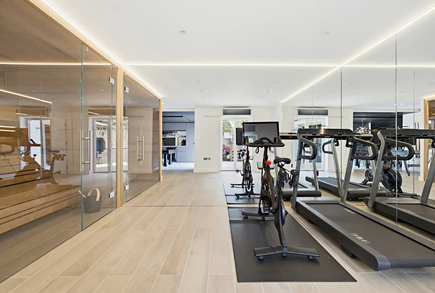 Home gym with timber sauna